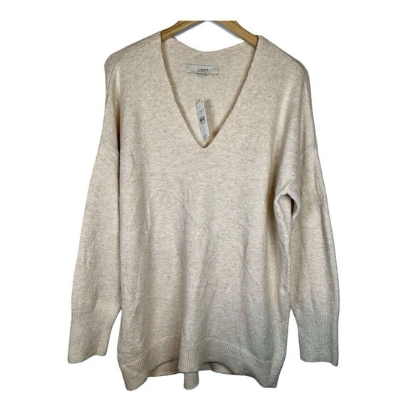 Loft Luxe Knit Ivory V Neck Long Sleeve Wool Blend Tunic Sweater Women’s Large - Picture 1 of 7